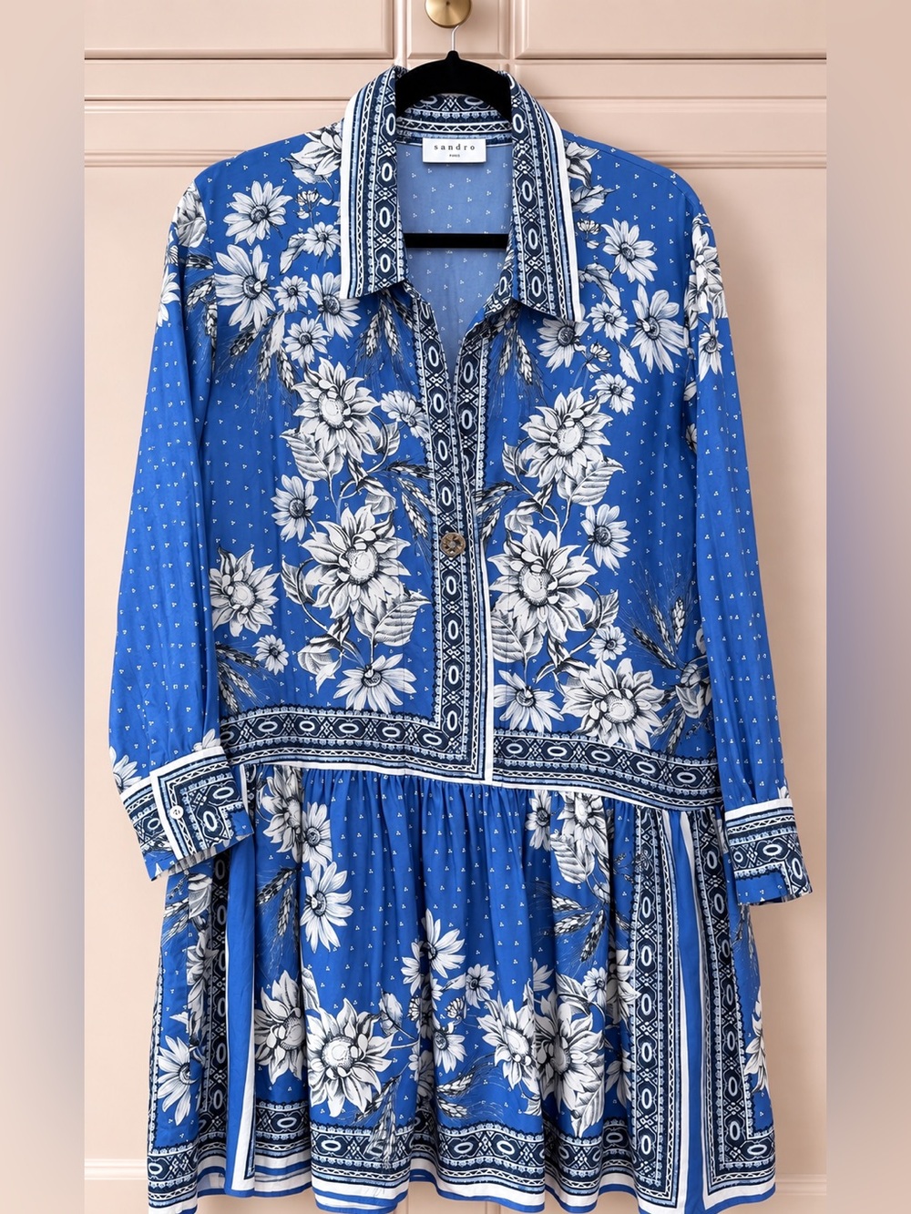 Sandro Blue White Floral Woven
Shirt Dress Long Sleeve EU 34